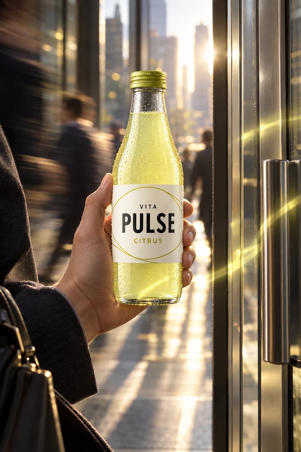 Бутылка VITA Pulse Citrus в руке на фоне утреннего города