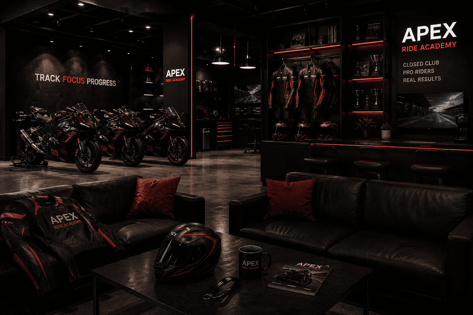 Клубная зона Apex Ride Club с мотоциклами