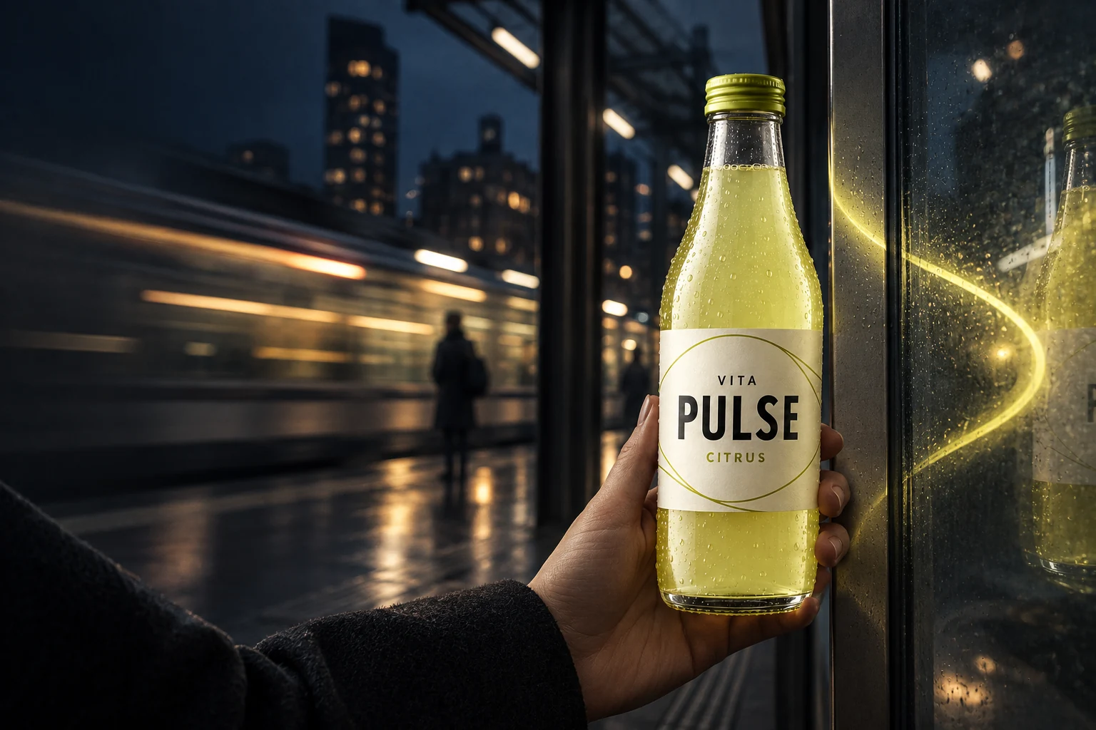 VITA Pulse: бутылка в фокусе на фоне движущегося города